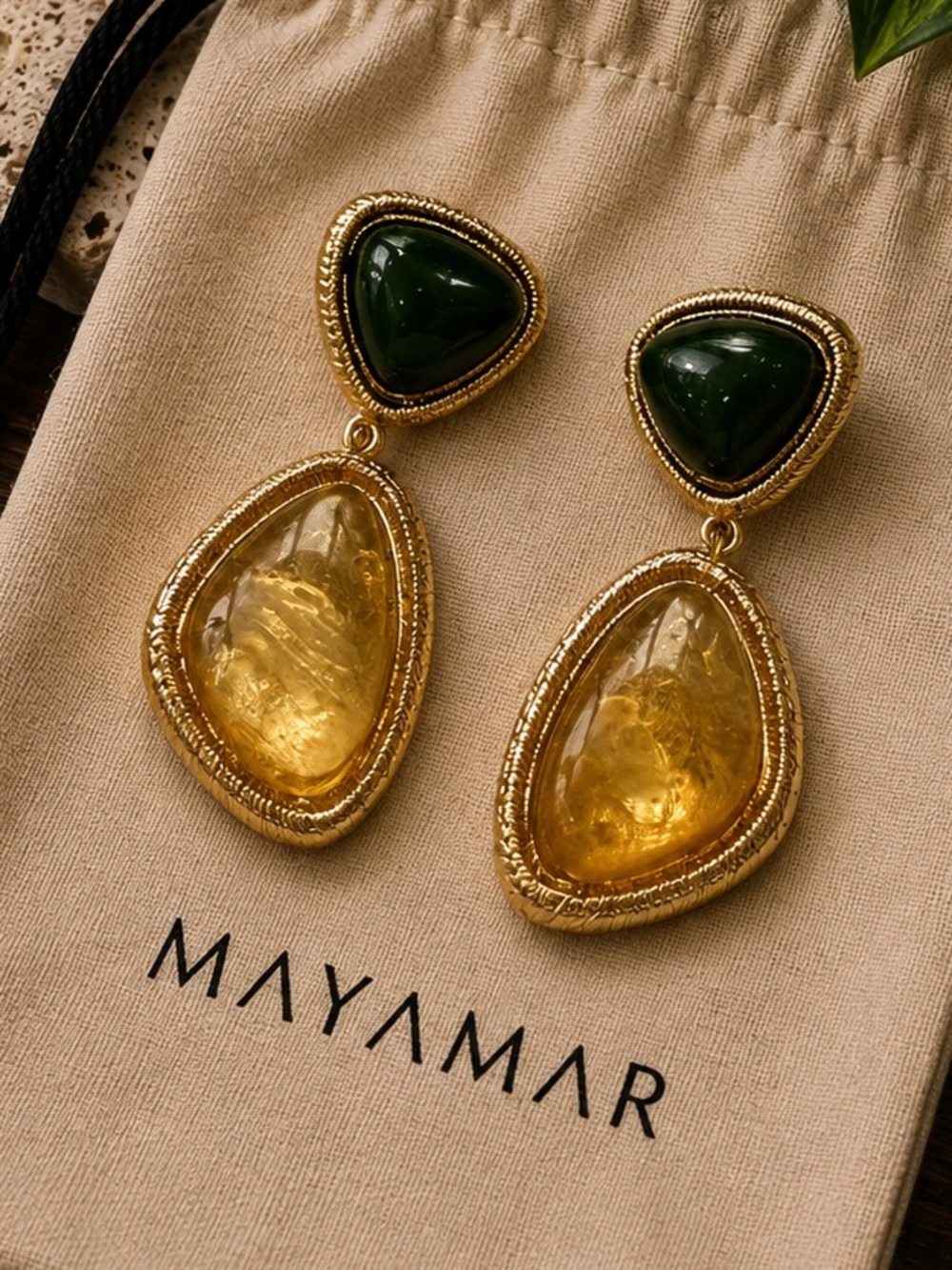 New mayamar moss agate and amber quartz double Drop Earrings